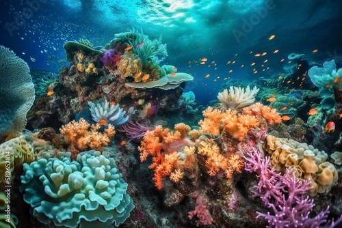 Underwater Coral Reef: A wide shot of a bustling coral reef, with a brilliantly colored nudibranch navigating the vibrant seascape, Generative AI