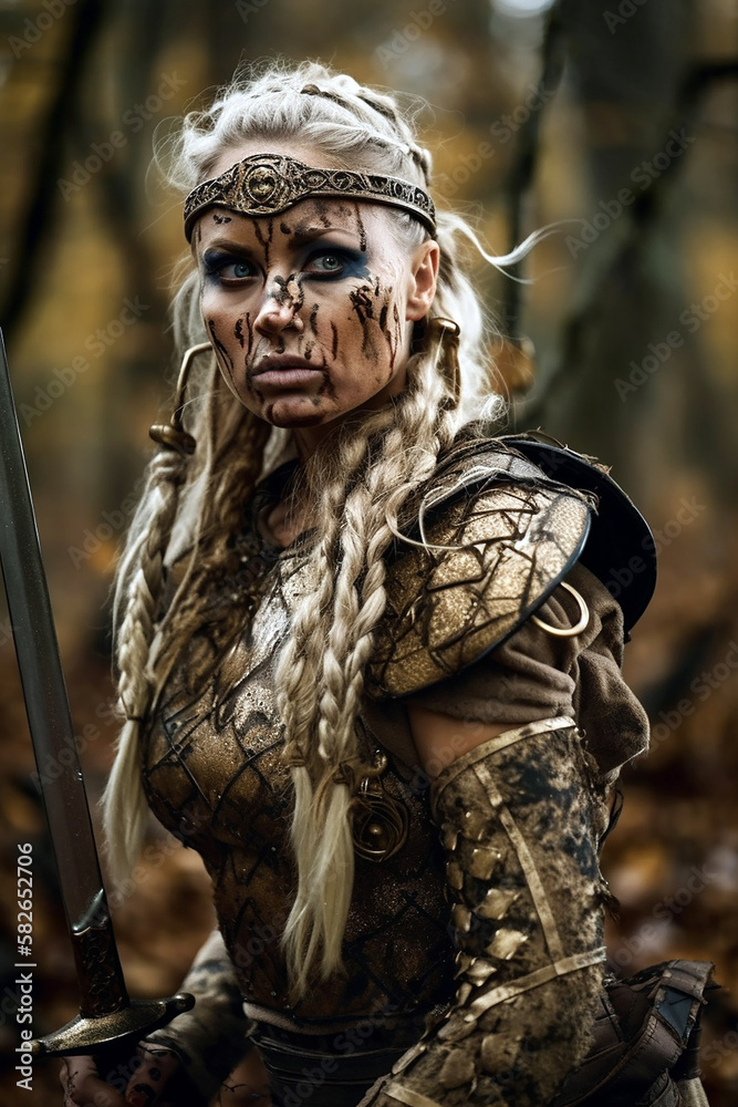 Portrait of an ancient female viking warrior with blonde hair, metal and leather armor stained with mud and blood. Fantasy wallpaper, cover design and poster created with Generative AI