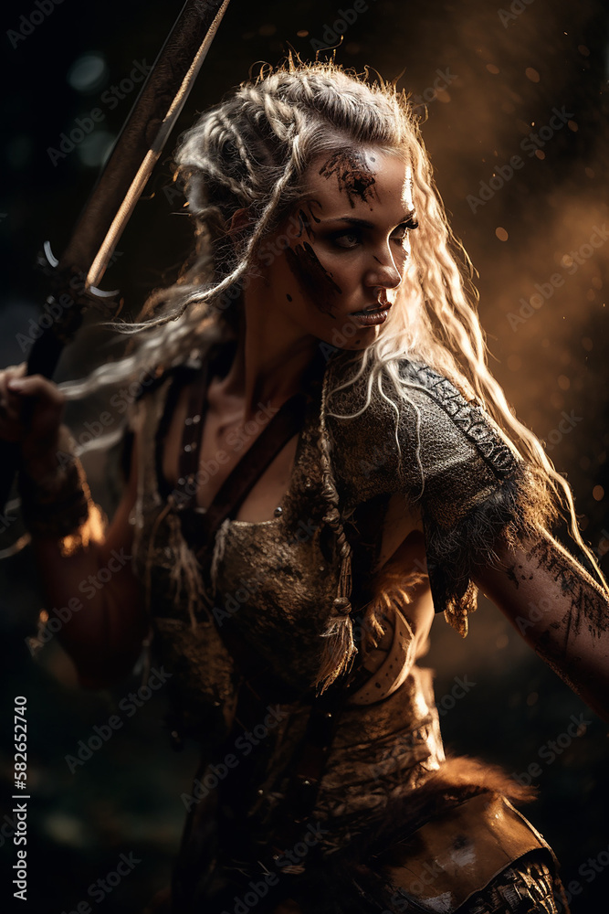 Portrait of an ancient female viking warrior with blonde hair, metal
