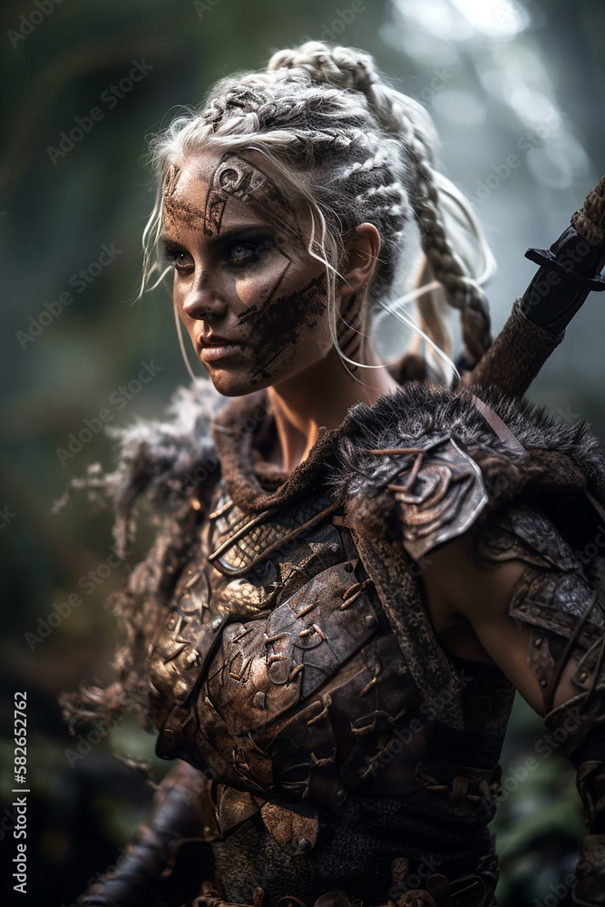 Portrait of an ancient female viking warrior with blonde hair, metal ...