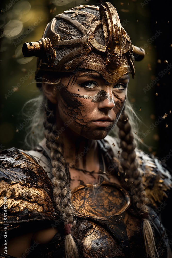 Portrait of an ancient young female viking warrior with blonde hair, metal and leather armor stained with mud and blood. Fantasy wallpaper, cover design and poster created with Generative AI