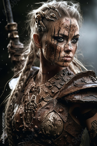 Portrait of an ancient female viking warrior with blonde hair, metal and leather armor stained with mud and blood. Fantasy wallpaper, cover design and poster created with Generative AI