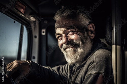 Portrait, adult man driving a truck, smiling looking at camera, Ai Generative.
