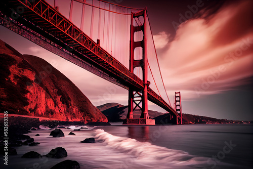 The famous Golden Gate Bridge against the backdrop of a picturesque sky at sunset. AI generated