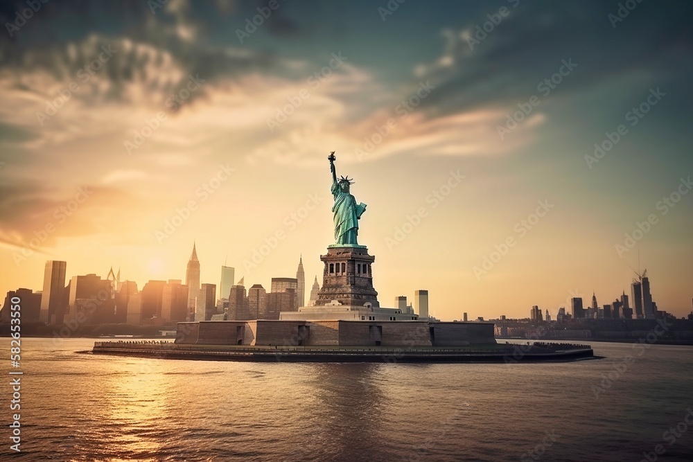 Wide shot of Statue of Liberty and New York City skyline at sunset, Generative AI