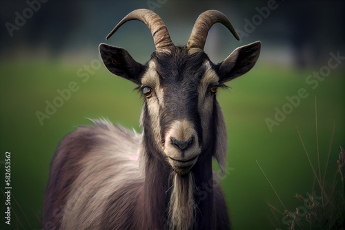 Portrait of a goat in the pasture. AI generated