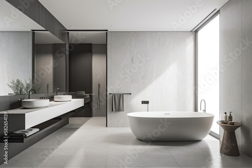 minimalist design master bathroom. The color palette should include shades of grey and black  and the design should incorporate elements like a freestanding tub  large shower - Generative AI