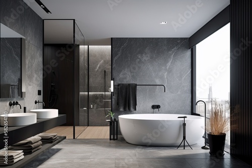 minimalist design master bathroom. The color palette should include shades of grey and black  and the design should incorporate elements like a freestanding tub  large shower - Generative AI