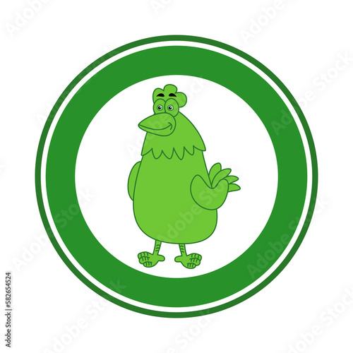 Green chicken in a circular panel on a white background