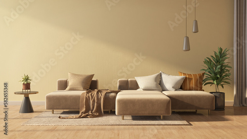 Fototapeta Naklejka Na Ścianę i Meble -  Brown sofa and yellow wall in modern living room.3d rendering