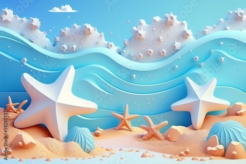 3D beach scene background with starfish and seashells. Plasticine clay dough illustration for kids, generative ai