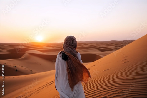 Arabian woman walking in the desert. Sunny sky and sand dunes. Motivation poster created with AI 