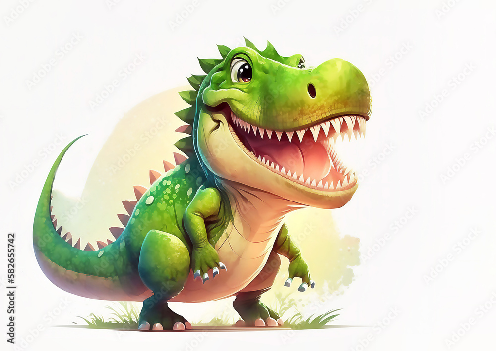 Obraz premium Cute Cartoon Dinosaur on white background, tyrannosaurus Rex,Generated AI