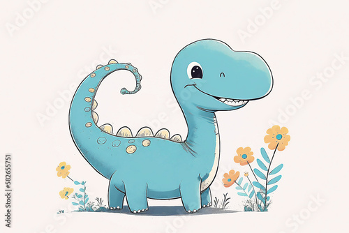 Cute Cartoon Baby Dinosaur on white background, Generated AI © bit24