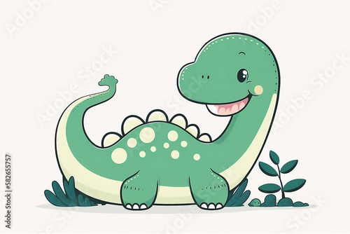 Cute Cartoon Baby Dinosaur on white background, Generated AI