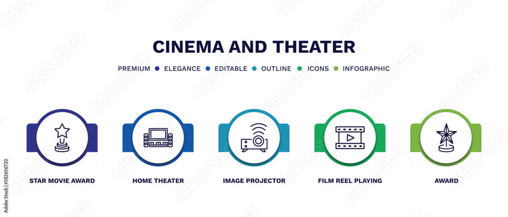 set of cinema and theater thin line icons. cinema and theater outline icons with infographic template. linear icons such as star movie award, home theater, image projector, film reel playing, award set of cinema and theater thin line icons. cinema and theater outline icons with infographic template. linear icons such as star movie award, home theater, image projector, film reel playing, award