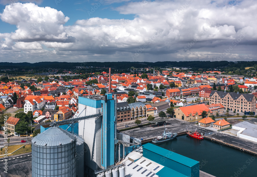 Summer skyline cityscape of Aabenraa, Southern Denmark. Aerial view.