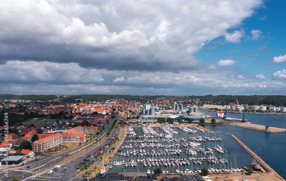 Summer skyline cityscape of Aabenraa, Southern Denmark. Aerial view of yacht havn