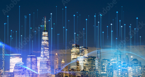 Canvas Print New York skyscrapers and rising arrows, smart city and futuristic technology