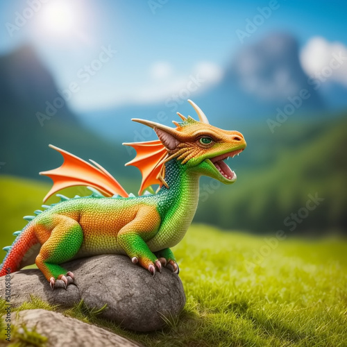 cute baby colorful dragon on mountain background. Generative AI