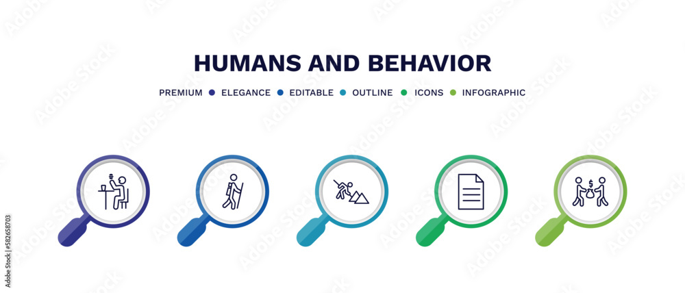 set of humans and behavior thin line icons. humans and behavior outline icons with infographic template. linear icons such as feeding, man in hike, construction worker, single file, people trading set of humans and behavior thin line icons. humans and behavior outline icons with infographic template. linear icons such as feeding, man in hike, construction worker, single file, people trading
