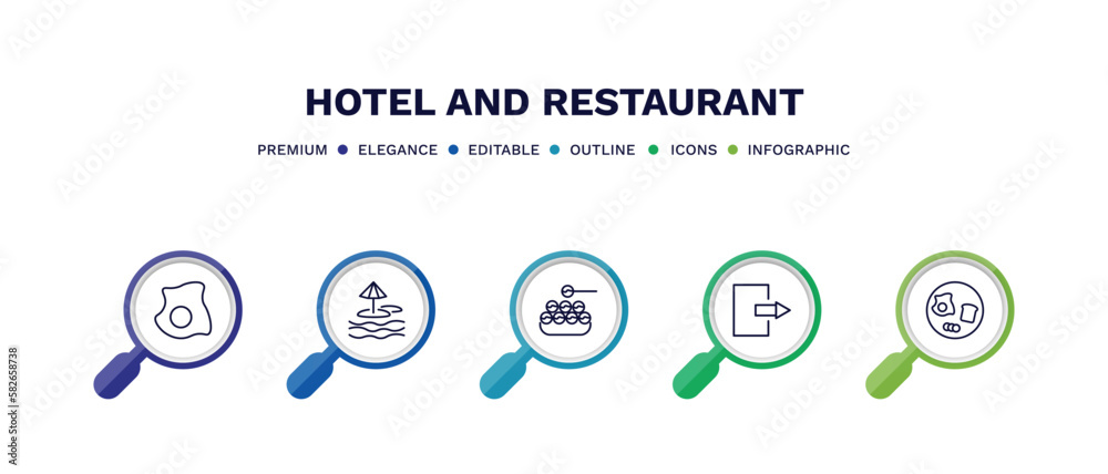 set of hotel and restaurant thin line icons. hotel and restaurant outline icons with infographic template. linear icons such as fried egg, beach, takoyaki, check out, breakfast vector. set of hotel and restaurant thin line icons. hotel and restaurant outline icons with infographic template. linear icons such as fried egg, beach, takoyaki, check out, breakfast vector.