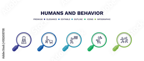 set of humans and behavior thin line icons. humans and behavior outline icons with infographic template. linear icons such as woman cooking, housewife shopping, storekeeper, fitness exercises,