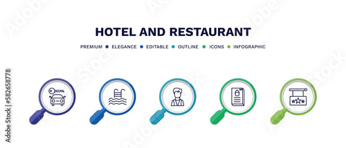 set of hotel and restaurant thin line icons. hotel and restaurant outline icons with infographic template. linear icons such as rent a car, pool, valet, cookbook, hotel vector.