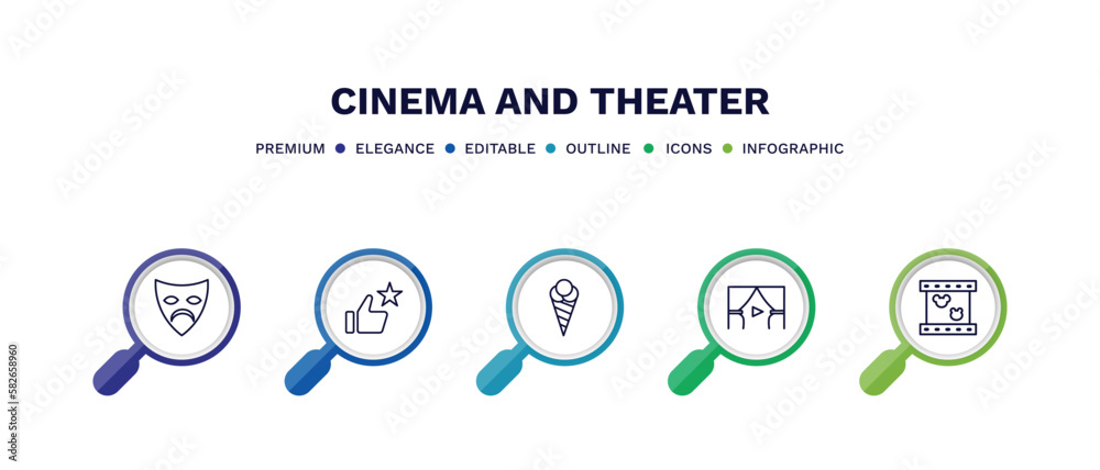set of cinema and theater thin line icons. cinema and theater outline icons with infographic template. linear icons such as sad mask, thumb up with star, stripped ice cream cone, cinema curtains, set of cinema and theater thin line icons. cinema and theater outline icons with infographic template. linear icons such as sad mask, thumb up with star, stripped ice cream cone, cinema curtains,