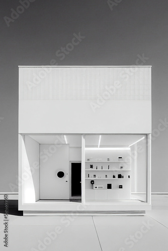 Generative AI illustration of minimalist and futuristic store all in white color
