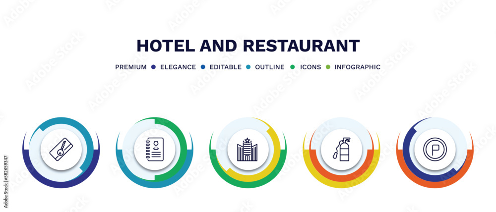 set of hotel and restaurant thin line icons. hotel and restaurant outline icons with infographic template. linear icons such as key card, wine menu, hotel, fire extinguisher, parking vector.