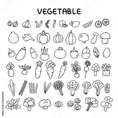 Vegetable doodle with black and white outline for coloring
