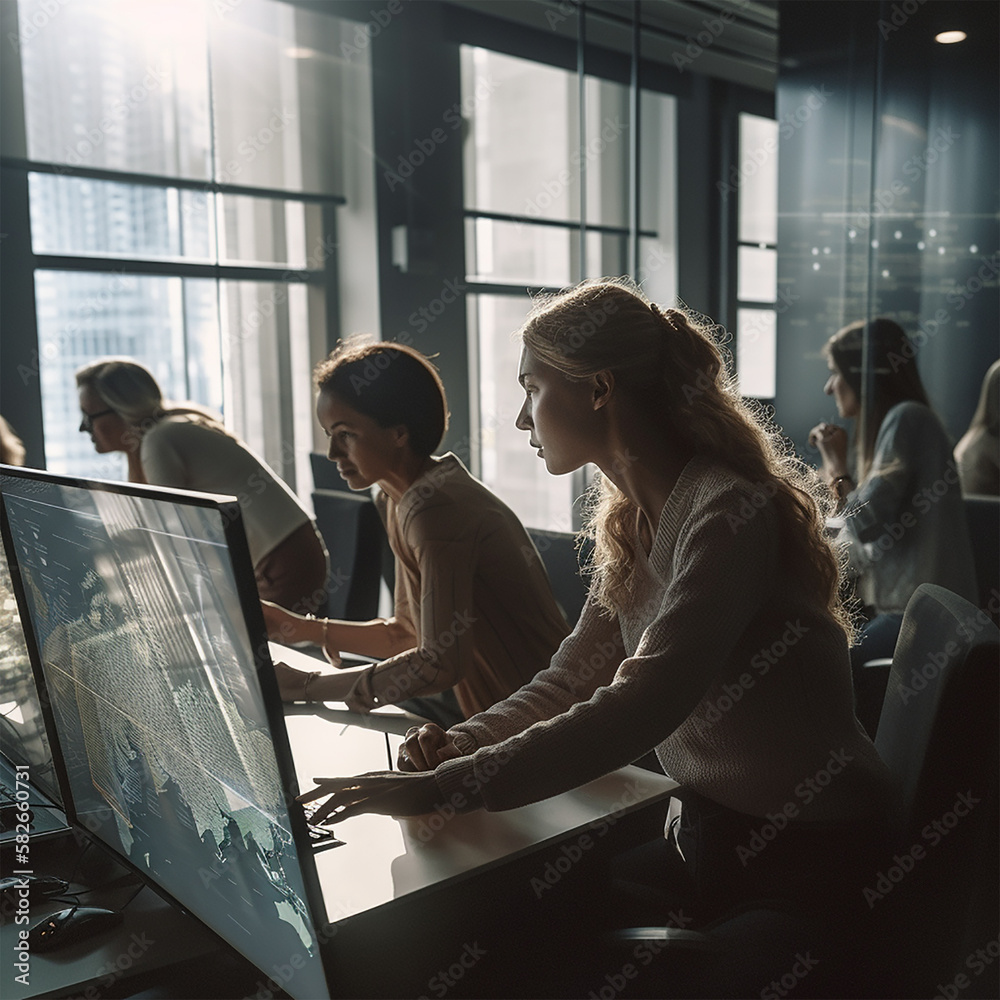 Ilustración IA de una mujer sentada, rubia con pelo largo mirando a la pantalla trabajando en programación en una oficina con luz diurna. Mujeres trabajando en programación en empresa tecnologica Ilustración IA de una mujer sentada, rubia con pelo largo mirando a la pantalla trabajando en programación en una oficina con luz diurna. Mujeres trabajando en programación en empresa tecnologica