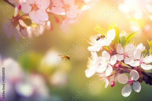 Vibrant spring flowers and a fluttering butterfly among cherry tree blossoms, basking in warm, defocused sunlight. Generative AI.