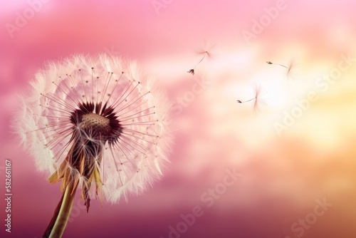 Ethereal dandelion moment as seeds gracefully drift away on a gentle breeze, set against a pink sky. Generative AI.
