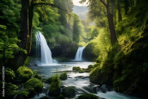 Nature's Symphony: Captivating Waterfall and River Scenery - AI Generative