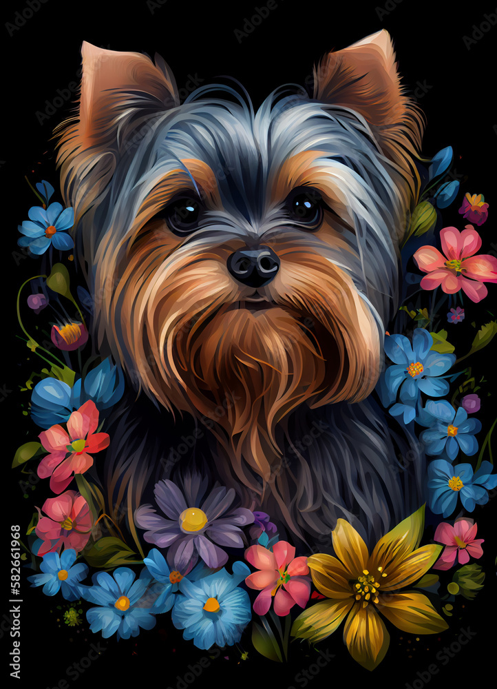 Yorkshire terrier with flowers, vector style