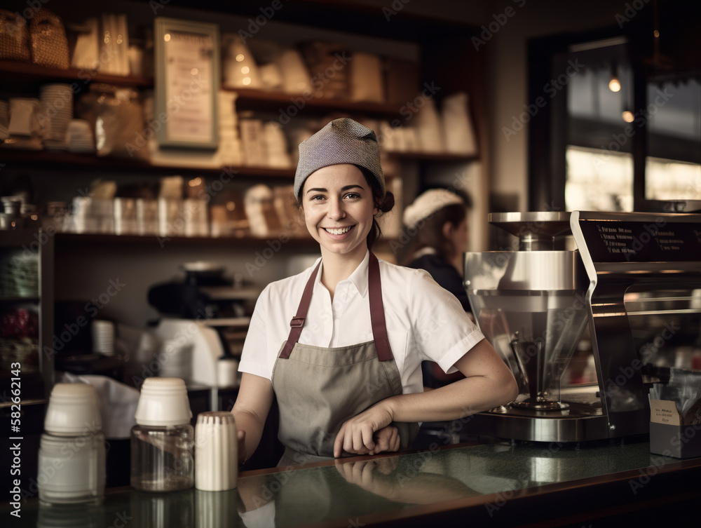 A smiling woman standing behind a counter with a coffee machine behind her. Generative AI A smiling woman standing behind a counter with a coffee machine behind her. Generative AI