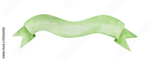 Green banner isolated on a white background. Watercolor ribbon banner clipart. Empty green template for sign or decoration. Eco color of the bright flag. Beautiful decor.