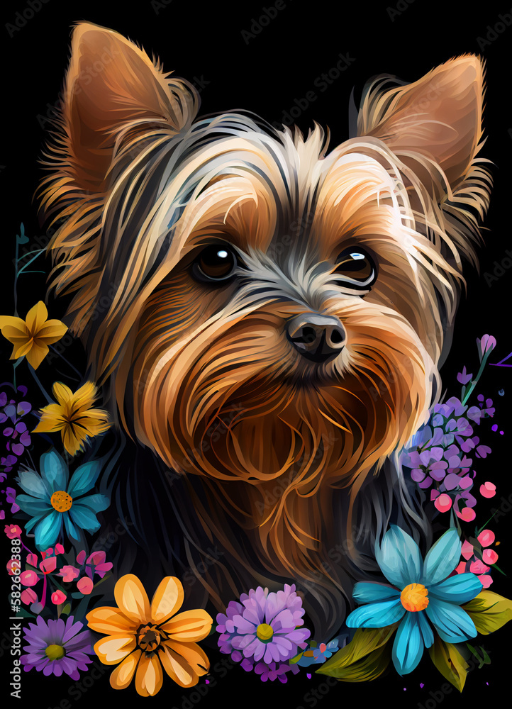 Fototapeta premium Yorkshire terrier with flowers, vector style
