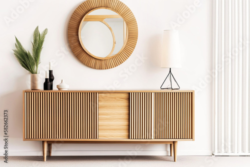 Interior of modern living room with dark sideboard over white wall with wooden paneling. Contemporary room with dresser. Home design with poster - Generative AI