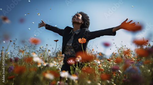 A black woman in a field of flowers with her arms outstretched, Generative AIA black woman in a field of flowers with her arms outstretched, Generative AI