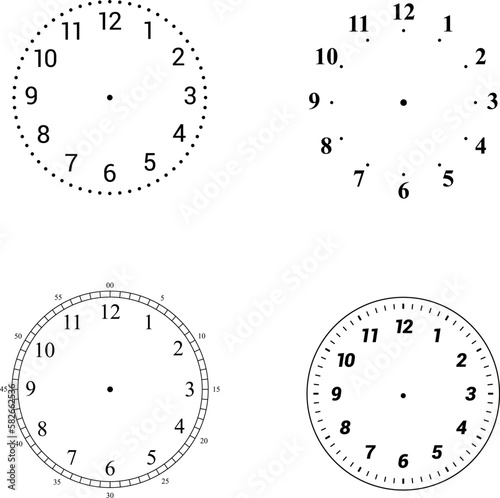 Mechanical clock faces with arabic numerals, bezel. Timer or stopwatch element. Vector illustration