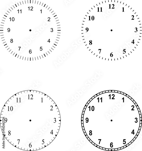 Mechanical clock faces with arabic numerals, bezel. Timer or stopwatch element. Vector illustration