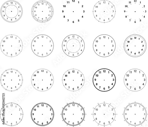 Mechanical clock faces with arabic numerals, bezel. Timer or stopwatch element. Vector illustration