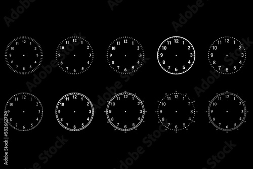 Mechanical clock faces with arabic numerals, bezel. Timer or stopwatch element. Vector illustration
