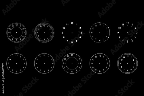 Mechanical clock faces with arabic numerals, bezel. Timer or stopwatch element. Vector illustration