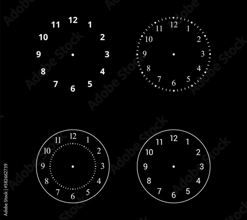 Mechanical clock faces with arabic numerals, bezel. Timer or stopwatch element. Vector illustration