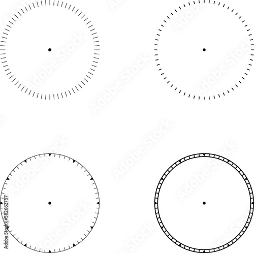 Mechanical clock faces with arabic numerals, bezel. Timer or stopwatch element. Vector illustration