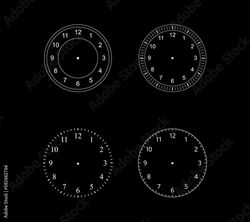 Mechanical clock faces with arabic numerals, bezel. Timer or stopwatch element. Vector illustration